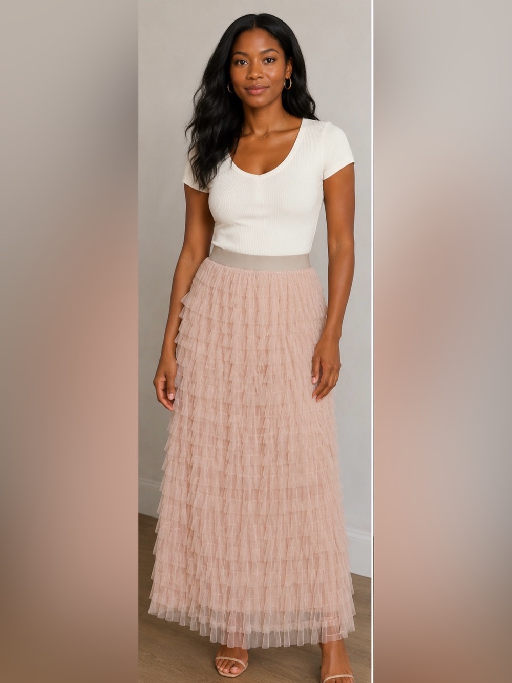 Layered Ruffle Maxi Skirt in Soft Blush Pink